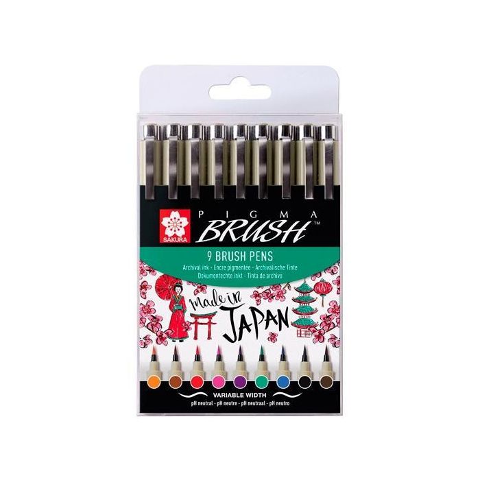 Talens Pigma Brush Rotuladores Punta Pincel 9 Colores Surtidos - Ideal para Ilustración y Caligrafía