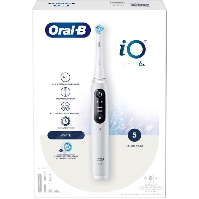 Oral-B 445234 iO Series 6 Blanco Cepillo Dental Eléctrico Vibratorio, 5 Modos, Sensor Presión, 2 Cabezales, Estuche Viaje 1