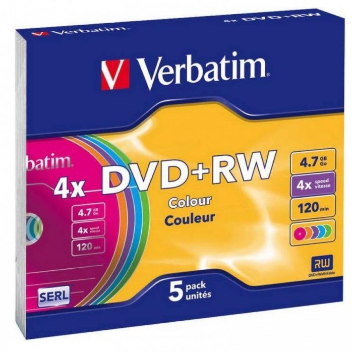Verbatim Dvd+Rw, 4.7 grb, 4X, 5 Pack Slim Case, Superficie 5 Colores Verbatim Dvd+Rw, 4.7 grb, 4X, 5 Pack Slim Case, Superficie 5 Colores
