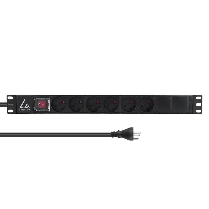 Lanview 19'' rack mount power strip, ON/OFF switch 13A with 6 x Danish type K socket