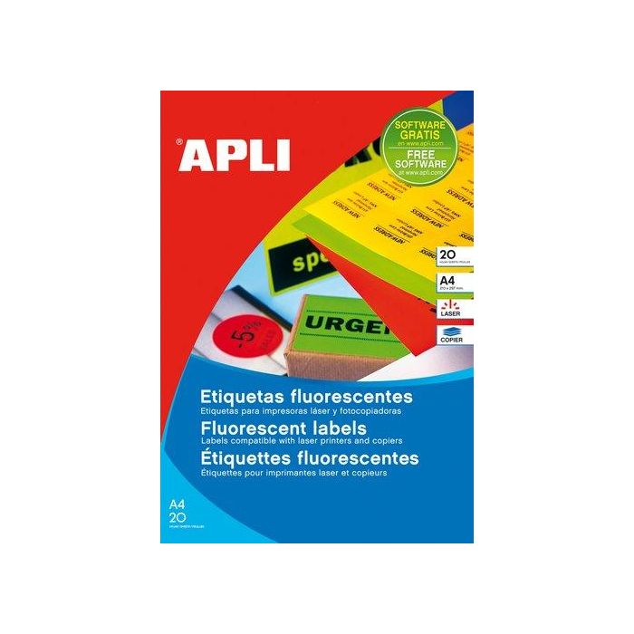 Apli Etiquetas Adhesivas C-Rectos 210x297 mm Amarillo Fluorescente Permanente 20 Hojas