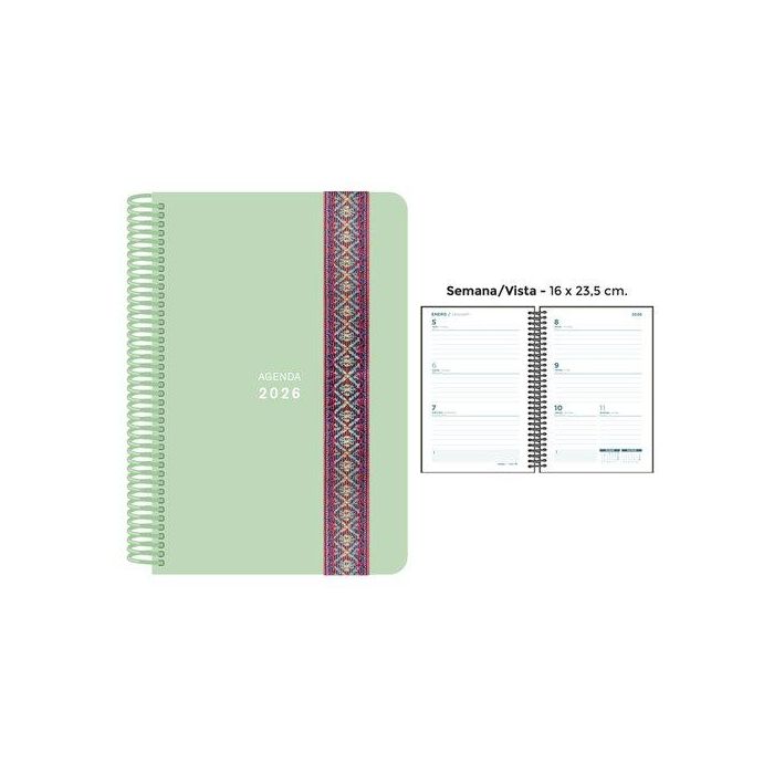 Agenda Anual (2026) Senfort Pastel Espiral Tapa Pp Con Goma Decorada 160X235 S/V Verde