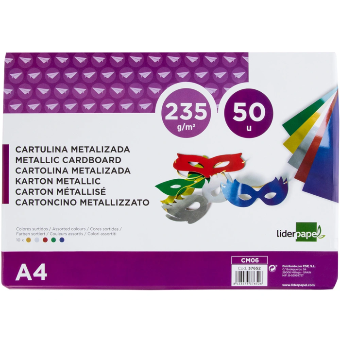 Liderpapel Cartulina A4 235 g/m2 Metalizada 5 Colores Surtidos Paquete 50 Hojas Manualidades y Cartelería 1