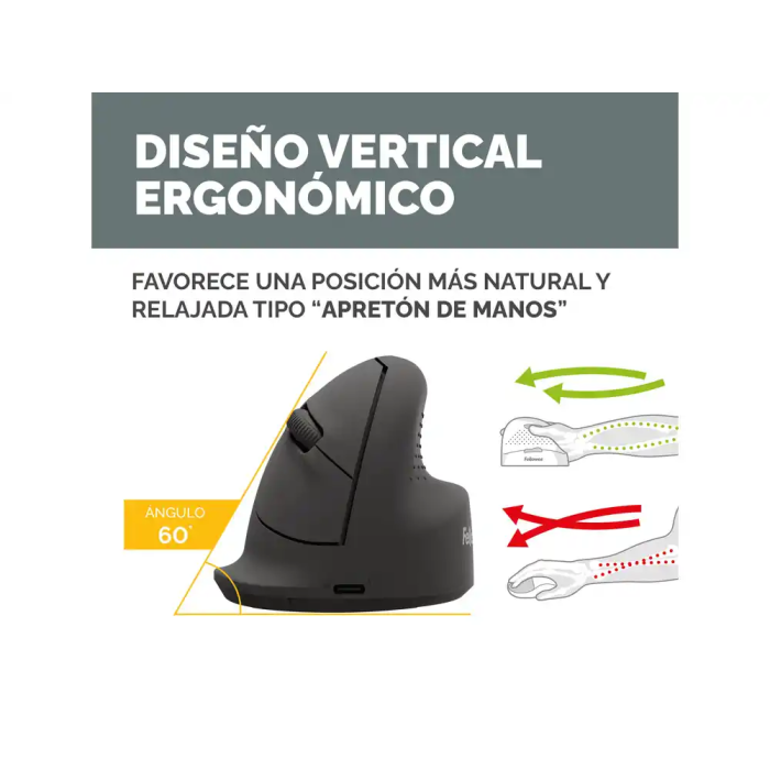 Fellowes Ratón Ergonómico Vertical Inalámbrico Bluetooth con Cable, Óptico 1600 DPI, Diestro, Negro, Hecho de Plástico Reciclado - Certificado FIRA 2 Fellowes Ratón Ergonómico Vertical Inalámbrico Bluetooth con Cable, Óptico 1600 DPI, Diestro, Negro, Hecho de Plástico Reciclado - Certificado FIRA 2