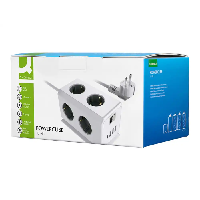 Q-connect Regleta Múltiple 10 en 1 con 6 Tomas, 3 USB y 1 USB-C, Cable 1.4m, 140x76x87mm 7