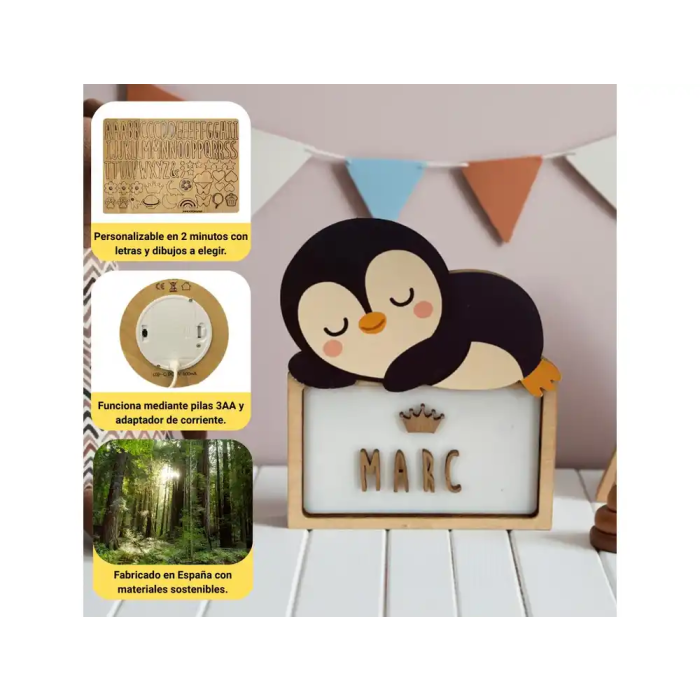 Wondee Vintiun Lámpara Personalizable Pingüino de Madera para Noche Bebé o Niños - Luz Quitamiedos con Carga USB-C y Kit de Letras 1 Wondee Vintiun Lámpara Personalizable Pingüino de Madera para Noche Bebé o Niños - Luz Quitamiedos con Carga USB-C y Kit de Letras 1