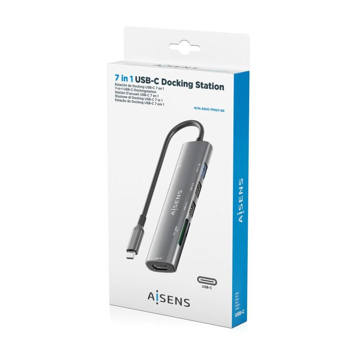 AISENS ASUC-7P027-GR Docking Station USB-C 7 en 1 con HDMI 4K, 3 Puertos USB, USB-C PD 100W y Lector Tarjetas SD/MicroSD Gris 7