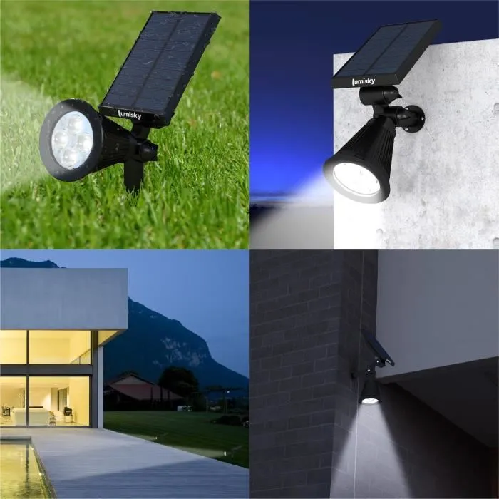 LUMISKY Paquete 2 Focos Solares Exteriores Impermeables 4 LED Blanco 200 Lm Cabezal Giratorio 90° LUMISKY Paquete 2 Focos Solares Exteriores Impermeables 4 LED Blanco 200 Lm Cabezal Giratorio 90°