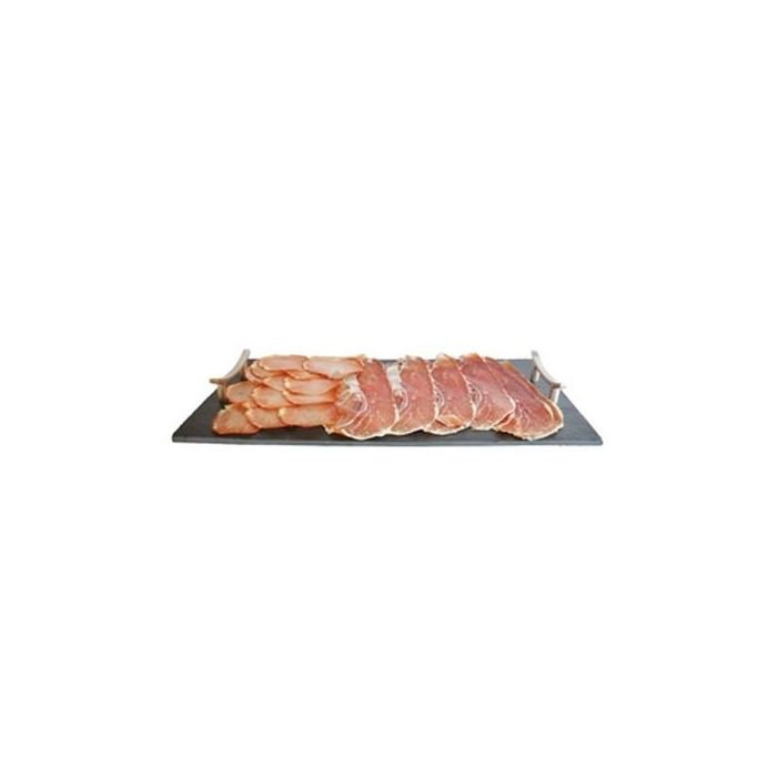 SUMMA Supizarra Bandeja con Asas de Acero Inoxidable, Pizarra Natural para Alimentos, 40 x 20 cm, Colección Pizarras, Uso Alimentario y Horno