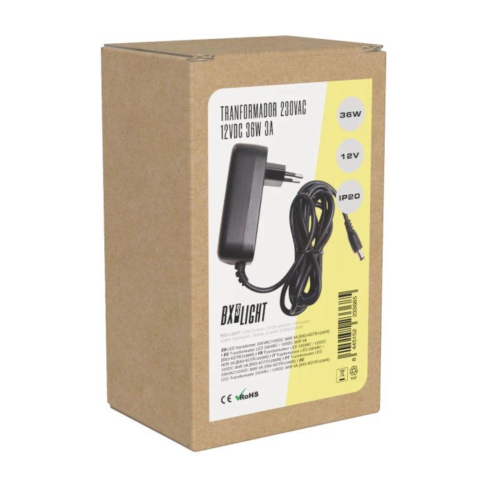 BX3 LIGHT Transformador LED 36W 230V a 12V DC 3A Fuente de Alimentación para Tiras LED, BX3-KDTR1236W