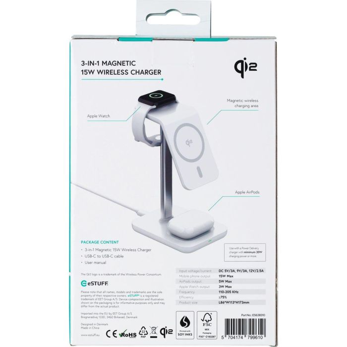 eSTUFF Cargador Inalámbrico Magnético 3 en 1 QI2 para iPhone 12-16, Apple Watch, AirPods y Android. Máx 15W Teléfono 9 eSTUFF Cargador Inalámbrico Magnético 3 en 1 QI2 para iPhone 12-16, Apple Watch, AirPods y Android. Máx 15W Teléfono 9