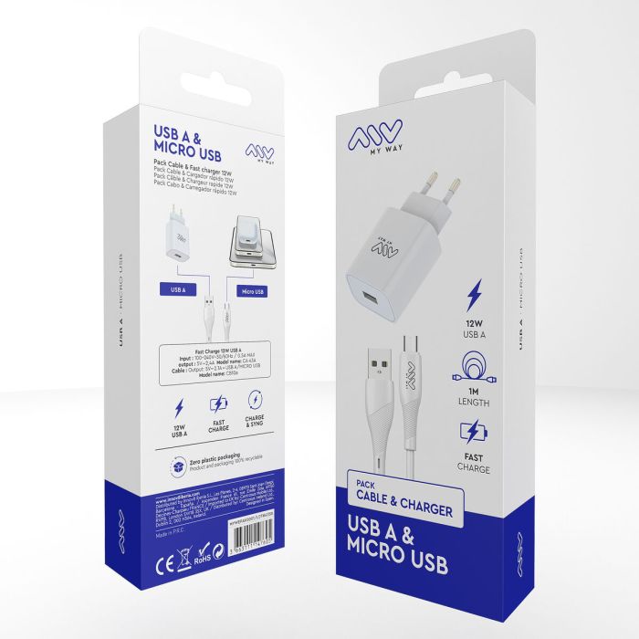 myway pack cargador de pared USB 2.4A + cable micro USB 1m blanco 1
