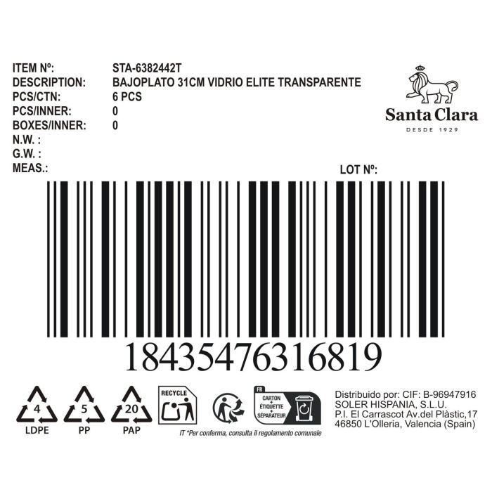 Inde Bajoplato de Vidrio Elite Transparente Staclara, Plato de Base para Mesa, 31 cm (Ancho 30.4 cm, Largo 30.6 cm, Alto 1.6 cm) (6 Unidades)