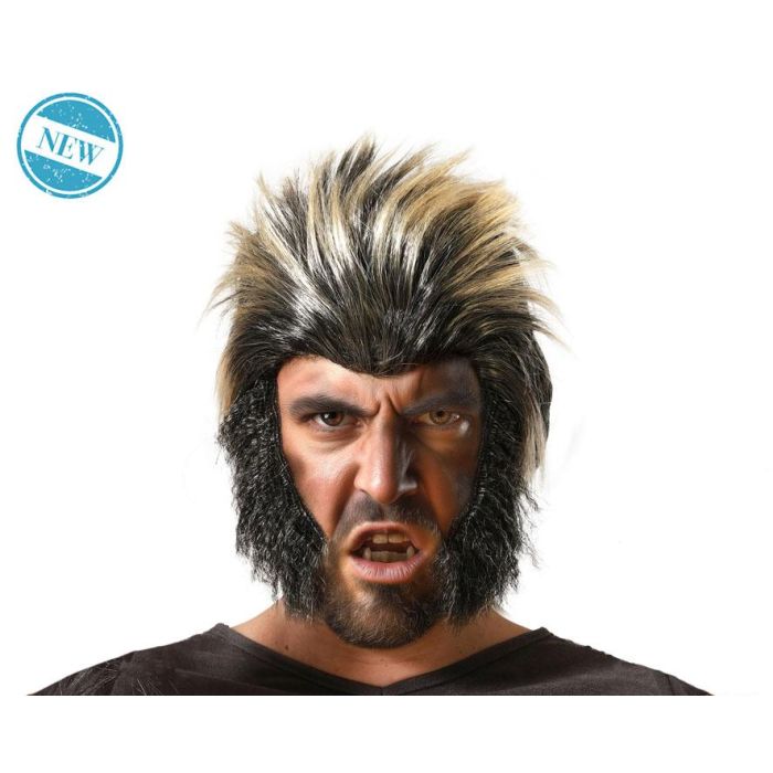 Peluca de Hombre Lobo Negra con Vetas Rubias y Patillas, para Disfraz de Halloween, Cosplay o Representaciones Teatrales