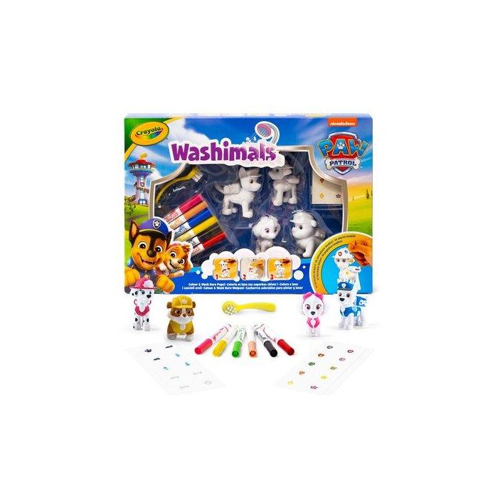 Crayola 74-0290 Washimals Patrulla Canina Set 4 Mascotas Decorar y Lavar Chase, Rubble, Marshall, Skye + Rotuladores Cepillo Pegatinas +3 Años