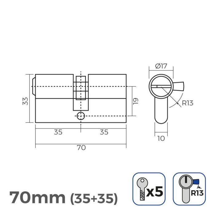 Edm Cilindro de latón 70mm (35+35mm) leva corta r13 con 5 llaves de seguridad Edm Cilindro de latón 70mm (35+35mm) leva corta r13 con 5 llaves de seguridad