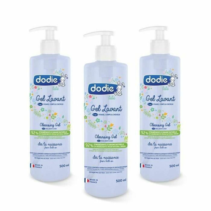 Dodie Gel de Lavado 3 en 1 Cara, Cuerpo y Cabello para Piel Frágil del Bebé, 92% Ingredientes Naturales, Botella Bomba 500 ml, Lote de 3