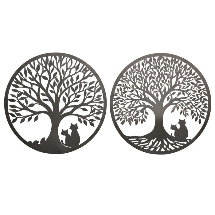 DKD Home Decor Decoración de Pared Shabby Diseño Árbol Gato Metal Negro 60x60 cm (4 Unidades)