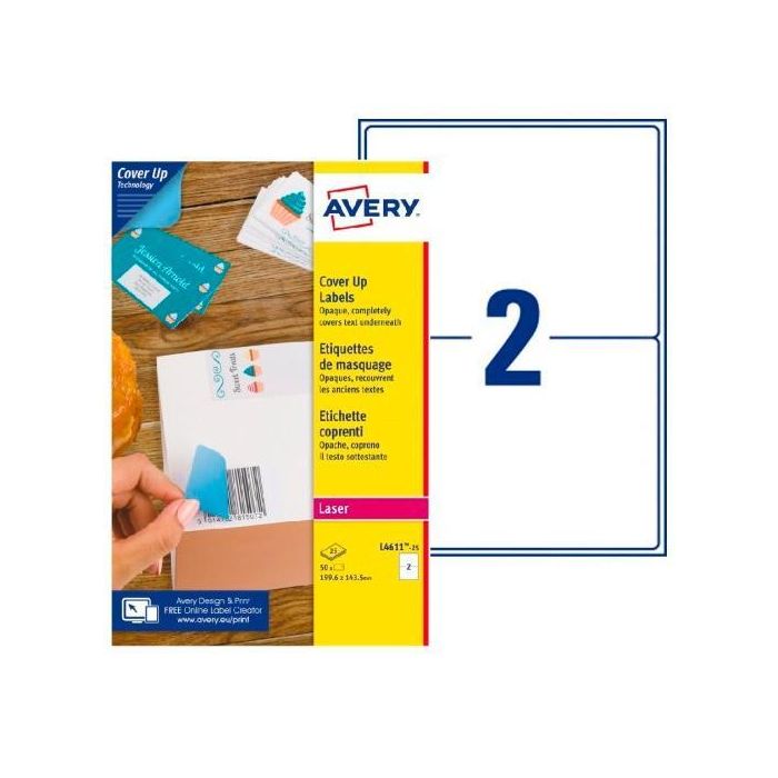 Avery Etiquetas Adhesivas Para Enmascaramiento 199,6x143,5 mm Láser 2 X 25H Blanco - 100% Opaco, Certificado FSC Avery Etiquetas Adhesivas Para Enmascaramiento 199,6x143,5 mm Láser 2 X 25H Blanco - 100% Opaco, Certificado FSC