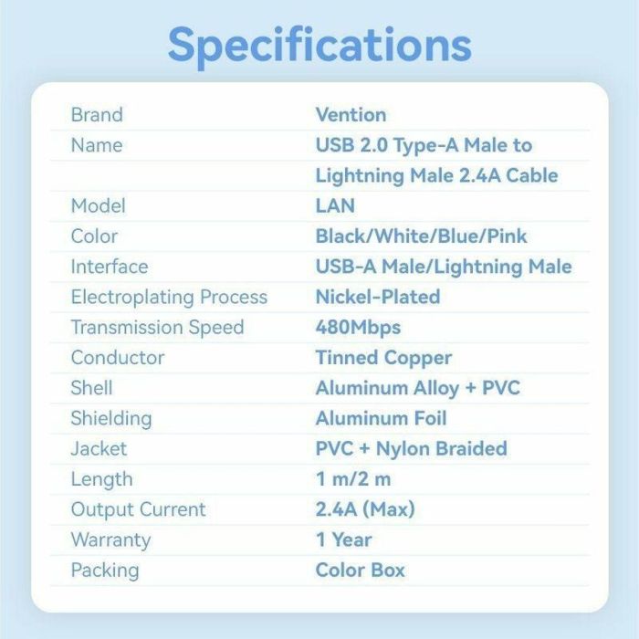 Cable USB a Lightning Vention LANSH 2 m 2 Cable USB a Lightning Vention LANSH 2 m 2