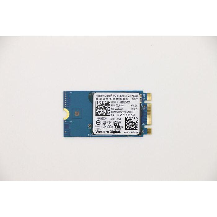 Lenovo M.2 PCIe NVMe SSD, 128GB capacity, Gen3x2 interface, M.2-2242 form factor, designed for high-speed storage applications. Lenovo M.2 PCIe NVMe SSD, 128GB capacity, Gen3x2 interface, M.2-2242 form factor, designed for high-speed storage applications.