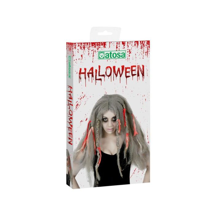 Peluca Halloween Pelo Largo Gris Con Cintas 1