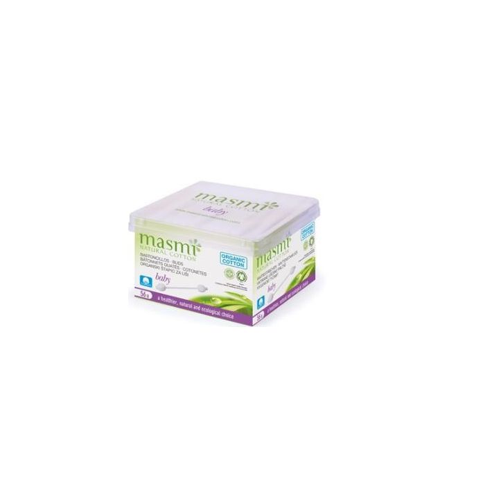 MASMI Bastoncillos de Algodón Ecológico para Bebé, Punta de Seguridad, Papel Biodegradable FSC, Certificado GOTS, 56 Unidades