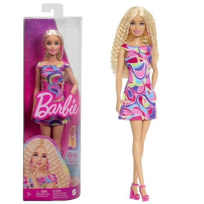 Barbie HRH20 Muñeca Fashionista Vestido Colores Estampado Llamativo, Pelo Largo Ondulado Rubio, Accesorios. 65 Aniversario