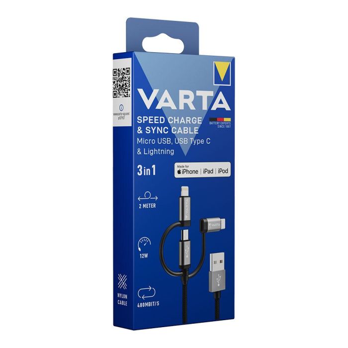 Cable 3 en 1 usb a - lighting - micro usb - tipo c varta 1