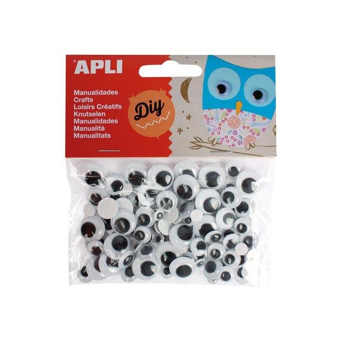 Apli Ojos Móviles Negros Redondos Adhesivos - Tamaños Surtidos (7 mm, 10 mm, 12 mm, 15 mm) - Bolsa 100U