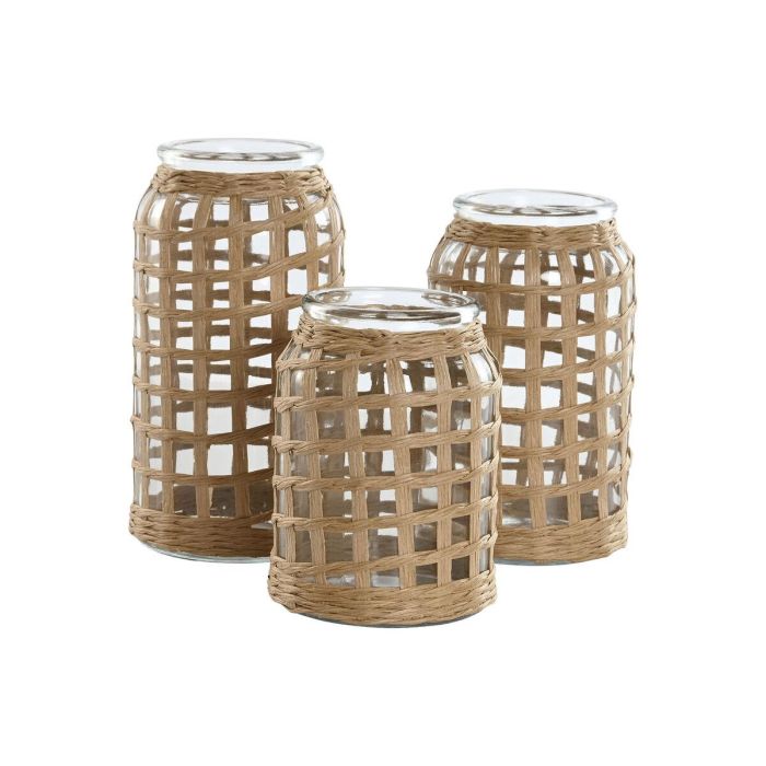 DKD Home Decor Jarrón Balinés de Cristal y Fibra Natural 11x11x21 cm Set de 3 Piezas 1 DKD Home Decor Jarrón Balinés de Cristal y Fibra Natural 11x11x21 cm Set de 3 Piezas 1