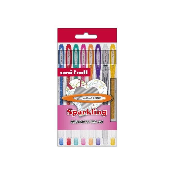 Uniball UM-120 Bolígrafo de tinta gel Signo 0,7 mm, estuche con 8 colores surtidos con purpurina, punta de acero