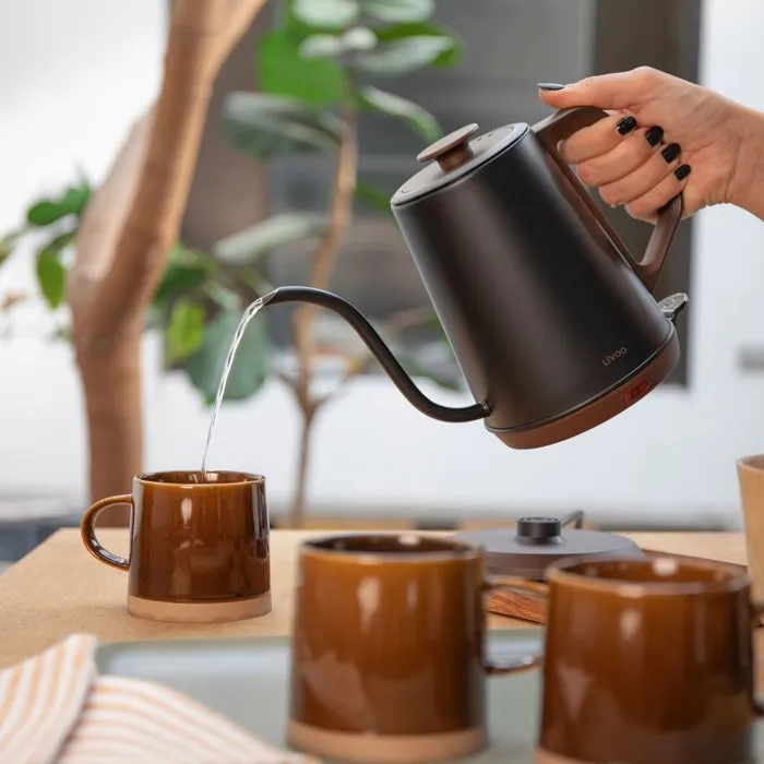 Livoo Hervidor Eléctrico DOD206, Cuello de Cisne, 1360W, 1L, Base Giratoria 360°, Color Negro/Marrón, para una Cocina Práctica y Eficiente