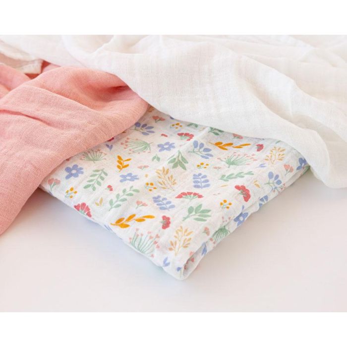 KioKids - Set de 3 Muselinas 70x70 cm en Rosa, Blanco y Flores, Bambú y Algodón, Certificado Oeko-Tex Standard 100