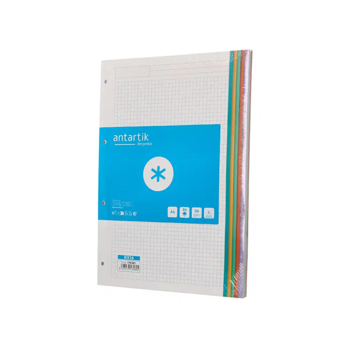 Antartik Recambio A4 80 Hojas 90gr Cuadro 5 mm 4 Taladros Bandas de 5 Colores Pastel 2