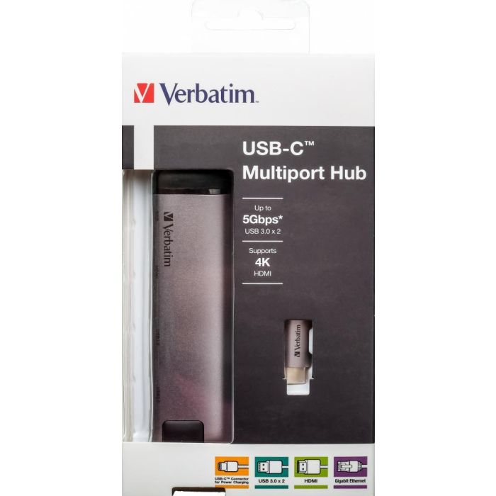 Verbatim USB-C, 2 x USB 3.0, HDMI, RJ-45, 5 - 20 V, 3 A, 15 cm, 50 g 1 Verbatim USB-C, 2 x USB 3.0, HDMI, RJ-45, 5 - 20 V, 3 A, 15 cm, 50 g 1