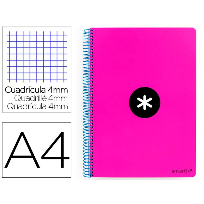 Cuaderno Espiral A4 Antartik Tapa Dura 80H 90 gr Cuadro 4 mm Con Margen Color Rosa Fluor