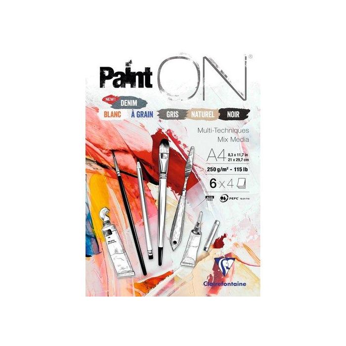 Bloc De Dibujo Clairefontaine Paint On Multitecnicas Encolado A4 250G 24H Colores (6 Col X 4 Hojas) 4 unidades
