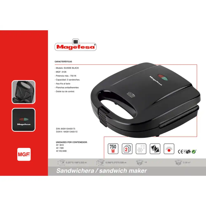 Magefesa Sandwichera Suisse Black MGF3126 750W Antiadherente Con Asa Fría 3