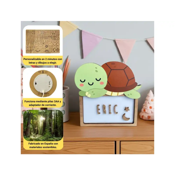 Wondee Lampara Tortuga Personalizable con Nombre - Lámpara de Noche Infantil Quitamiedos de Madera Sostenible con Kit de Letras