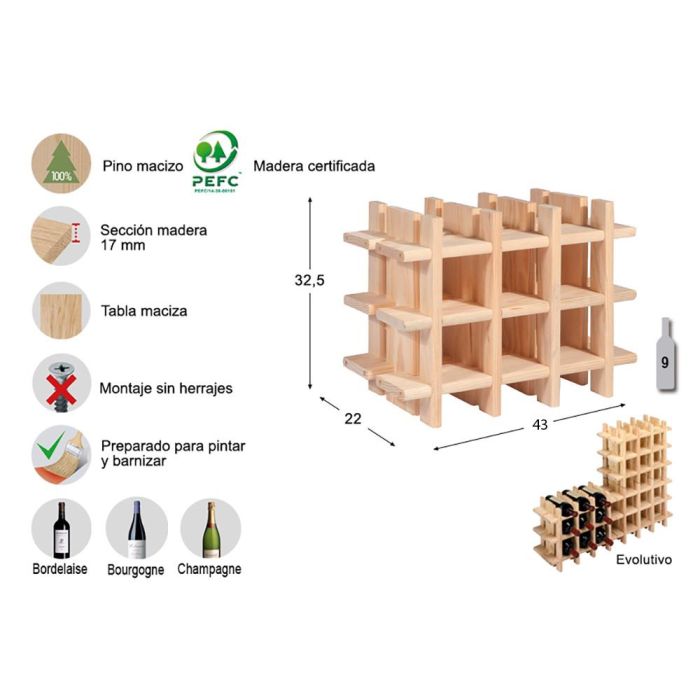 Astigarraga Botellero Evolutivo para 9 Botellas de Pino Macizo 43x22x32.5cm 0 Astigarraga Botellero Evolutivo para 9 Botellas de Pino Macizo 43x22x32.5cm 0