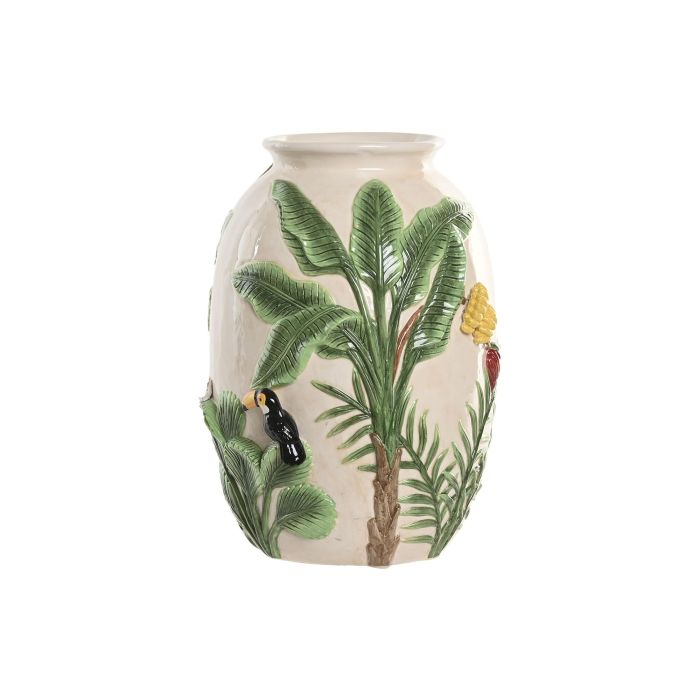 DKD Home Decor Jarrón Tropical Crudo Verde Cerámica 26x33x26 cm Palmera Pájaros