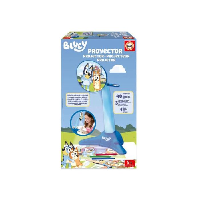 Educa Proyector Bluey con Lámpara LED, 40 Diapositivas, 4 Ceras y 1 Lápiz (5-9 Años)
