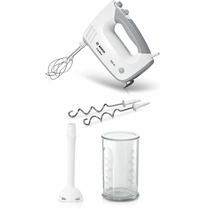 Bosch MFQ36440 Batidora de Mano 450W, 5 velocidades, 2 batidores y 2 ganchos amasadores acero inoxidable, bol graduado con tapa, Blanco/Gris 0 Bosch MFQ36440 Batidora de Mano 450W, 5 velocidades, 2 batidores y 2 ganchos amasadores acero inoxidable, bol graduado con tapa, Blanco/Gris 0