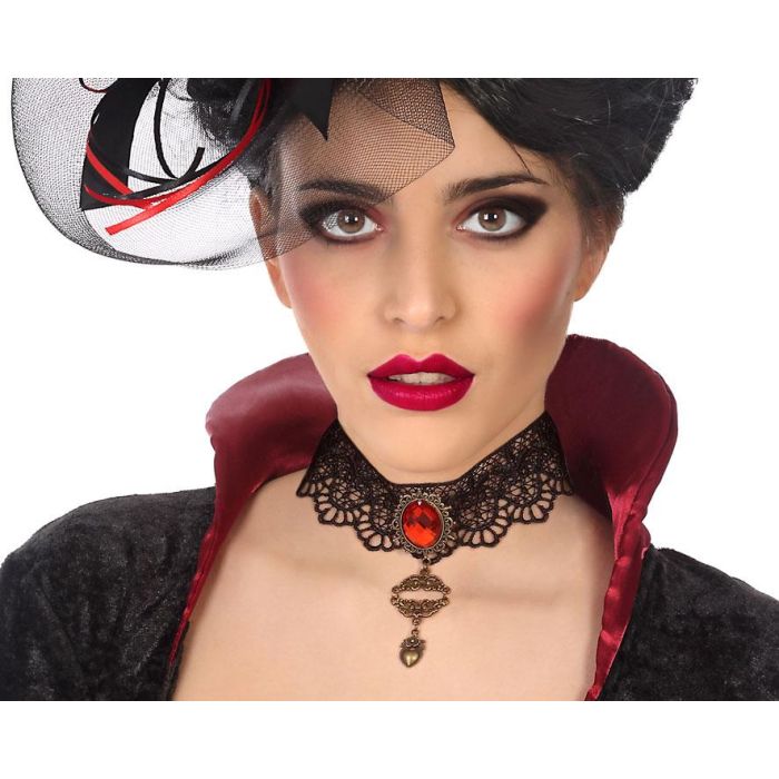 Collar Halloween Bisutería Mujer Adulto - Gargantilla Negra de Encaje con Gema Roja, Moda Victoriana y Gótica 0 Collar Halloween Bisutería Mujer Adulto - Gargantilla Negra de Encaje con Gema Roja, Moda Victoriana y Gótica 0