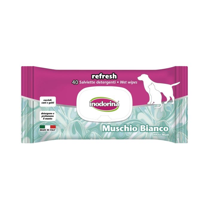 Inodorina Toallitas Limpiadoras Diarias Everyday White Musk para Perros, Gatos y Cachorros - Higiénicas, Hidratantes y Protectoras, 40 Unidades