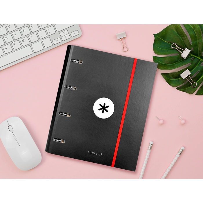 Antartik Carpeta con recambio A4 cuadro 5mm forrada 4 anillas 40mm redondas con solapa color negro 12