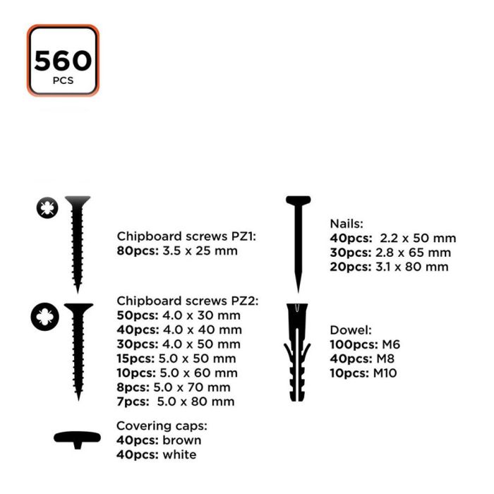 Surtido de tornillos/tacos/clavos 560 piezas black+decker 2