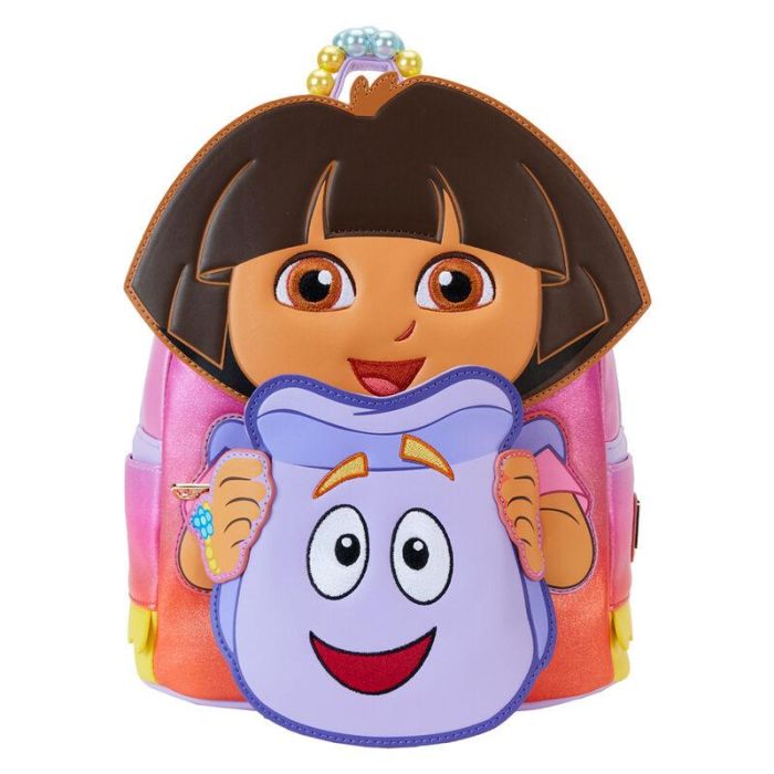 Loungefly Mini Mochila Dora la Exploradora de Piel Vegana Brillante con Apliques, Bordados y Detalles en Relieve