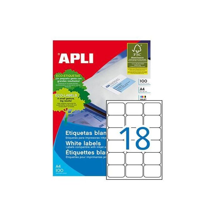 Apli Etiquetas Adhesivas 63,5x46,6 mm Inkjet-Láser C-Romos 18 X 100H Blanco